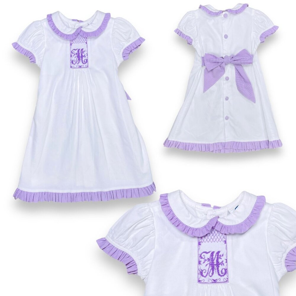 Beaux et Belles Toddler Girls Purple Gingham M Monogrammed Smocked Dress 3T